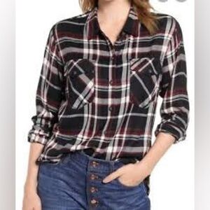 Sanctuary Boyfriend Flannel Tunic Shirt Sz M Roll Tab Sleeve Black Red Plaid